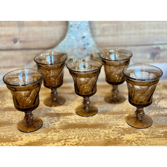 Vintage Fostoria Jamestown Amber Glassware – Goblets, Wine, Sherbets, Creamer - Picture 4 of 5